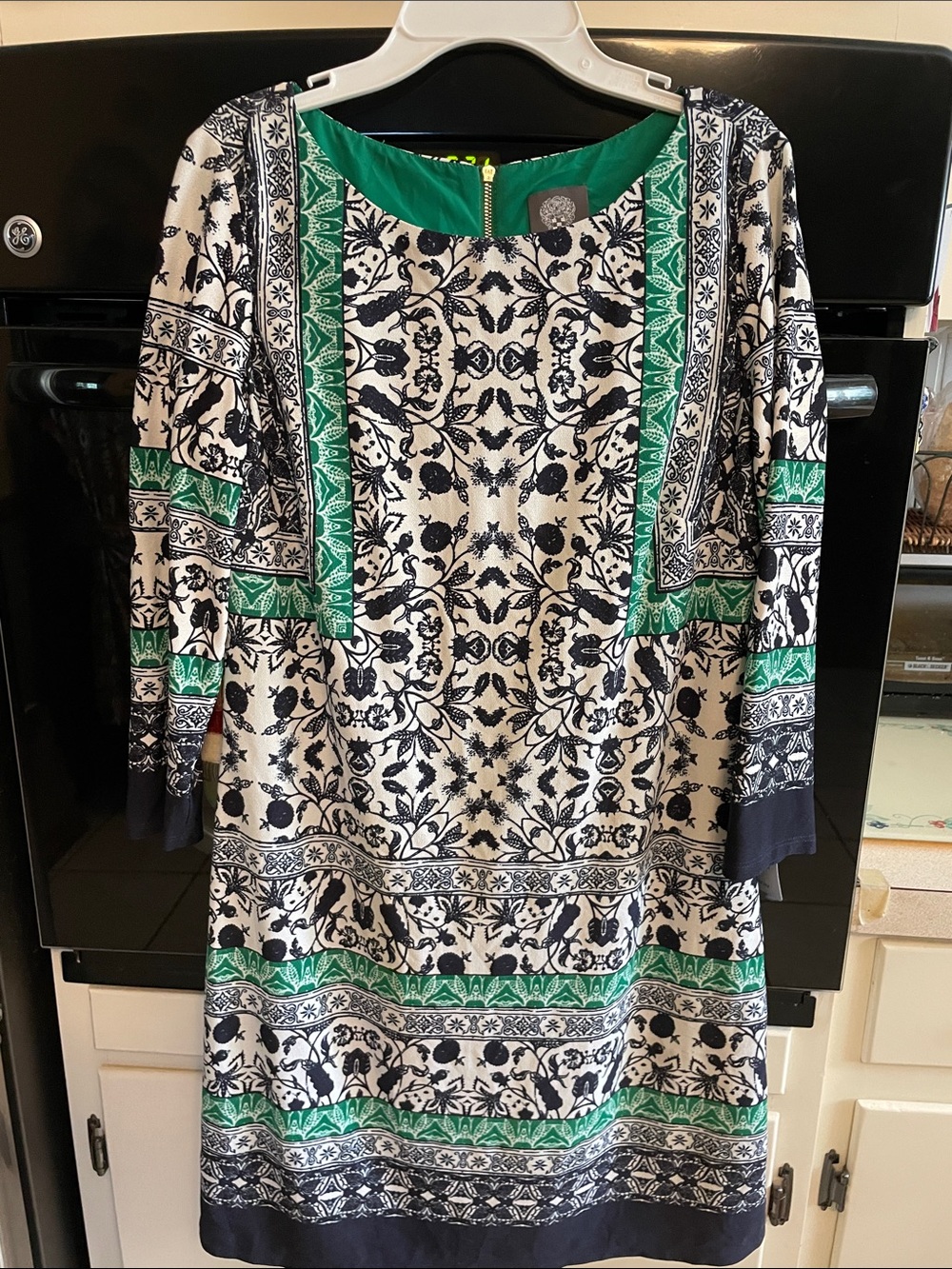 Women's Black & White Floral Dress with Green Accents